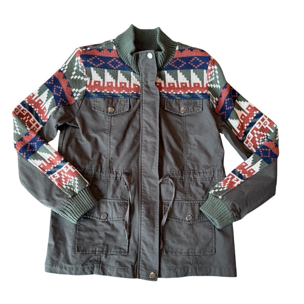 Blu Pepper Southwest Aztec Olive Orange Navy Utility Sweater Jacket Medium